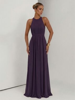 Bill Levkoff Formal Maxi Dress Women Sz 10 Purple Chiffon Halter Neck Bridesmaid